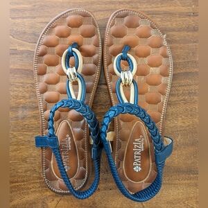 Spring Step Patrizia "Galdus" Tan Blue Leather Thong Slingback Sandals, Size 9.5